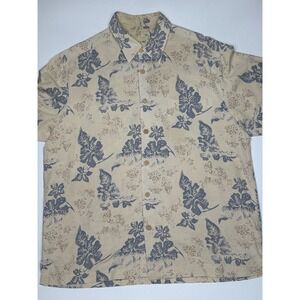 JOSEPH & FEISS Mens Large Beige Blue Floral Hawaiian Aloha Shirt‎ 100% Silk